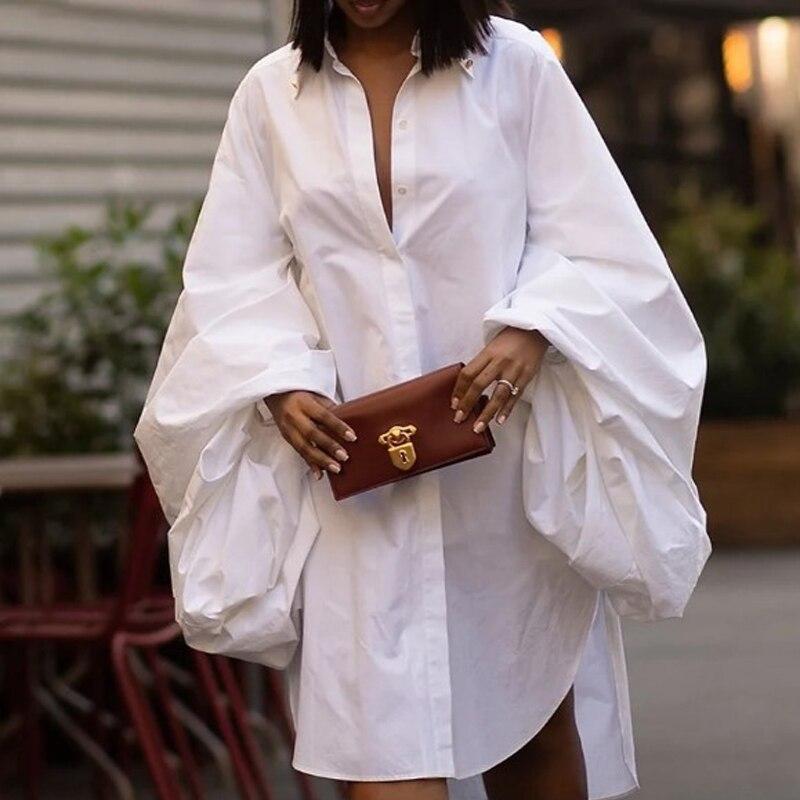 Frühling Lose Mini Kleider Elegante Langarm Split Hemd Kleid Mode Einreiher Drehen Unten Kragen Weißes Kleid Robe 27816