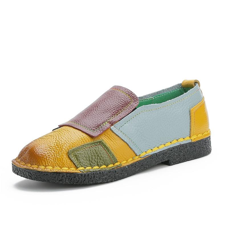 Flat-soled women's shoes leather color matching casual women's single shoes large size women's shoes Doudou shoes