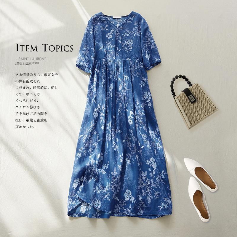 Real Shot Summer New V-neck Dress Printed Over The Knee Loose Retro Blue Flower Skirt Women's Clothing