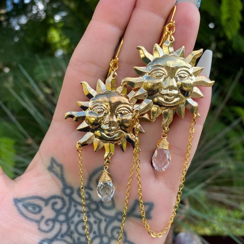 Sun Goddess Bohemian Crystal Earrings With Gold Plating For Women And Men