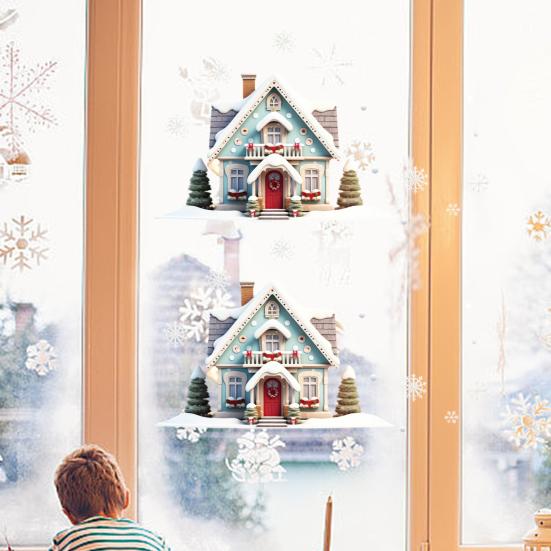 Christmas Double House Window Cling Removable Waterproof PVC Merry Christmas Winter Cabin Static Glass Sticker Holiday Party Decoration Decal