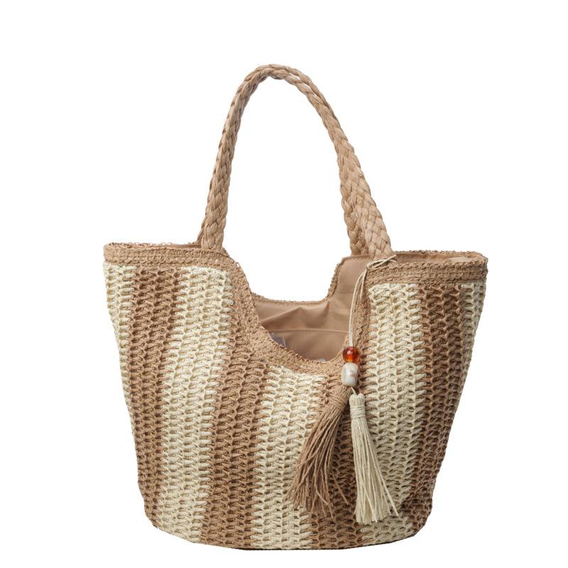 

New straw beach tote bag large capacity tote bag summer beach bag vertical stripe vacation wind women s bag One Size хаки