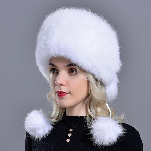 Fox Hats for Women Winter Fashionable Luxury Girls Female Warm Stylish Real Fur Elegant Top Leather Ball Snow Hat