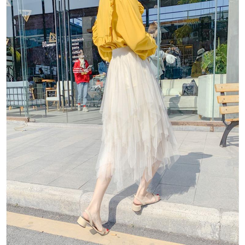 Damen Frühling Asymmetrischer Mesh Midi Rock - Hohe Taille Transparente Einsätze Schlankmachender Rock mit Fließendem Lagen-Design