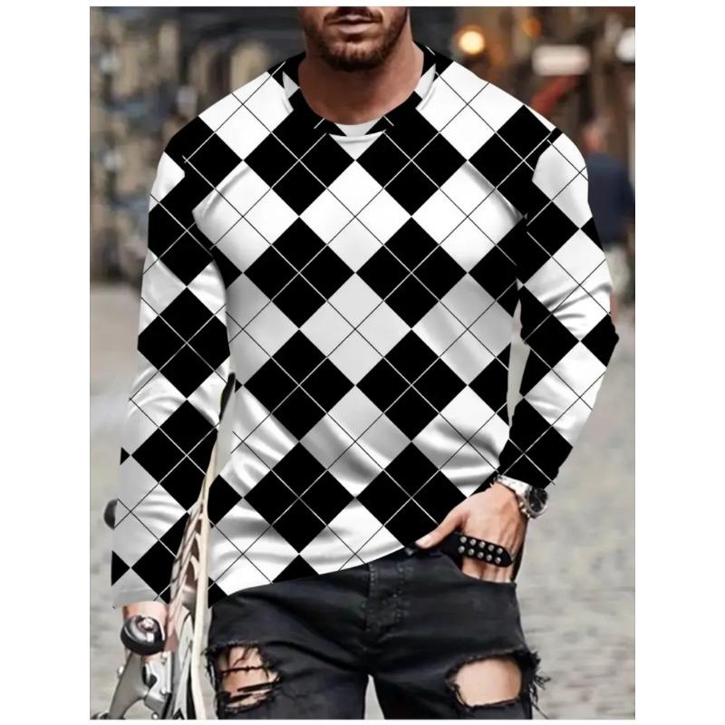 T Shirts for Man Geometric Block 3D Print Autumn Long Sleeve T-Shirt Pullover Casual Male Tops Street Lightweight Men's Clothes