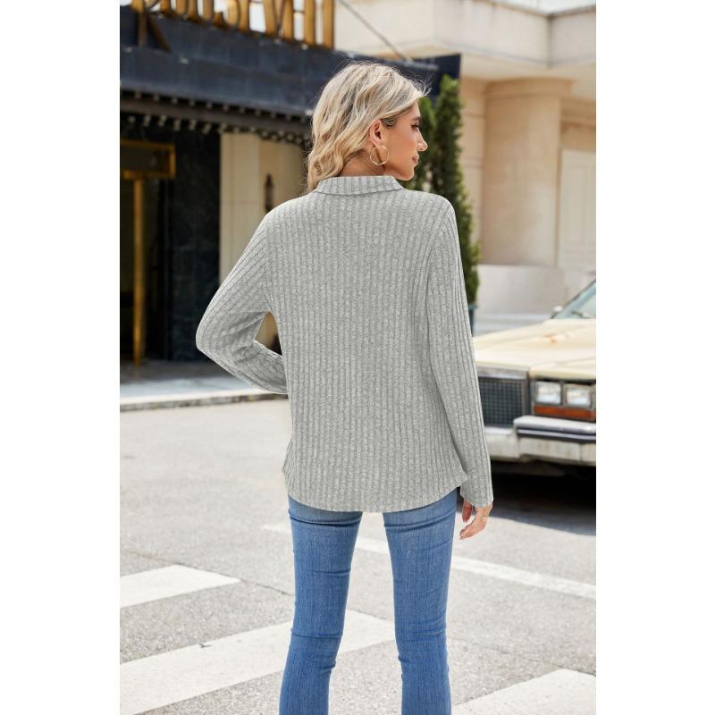 YYFS Women's Fashion Casual Spring Fall Solid Color Print Long Sleeve POLO Neck Blouses & Shirts