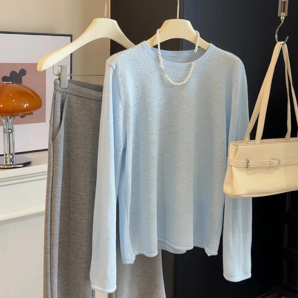 Blue Long Sleeved T-shirt Women's Ice Silk Knitted Thin Loose Top