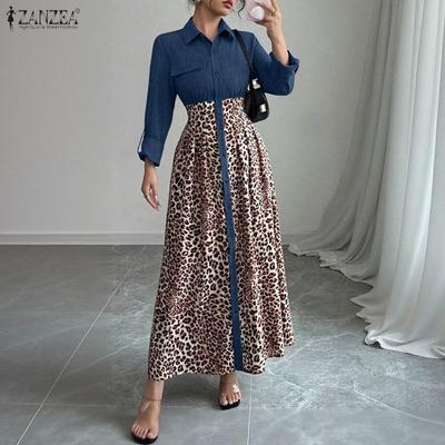 Women Leopard Print Patchwork Casual Long Sleeve Long Dress