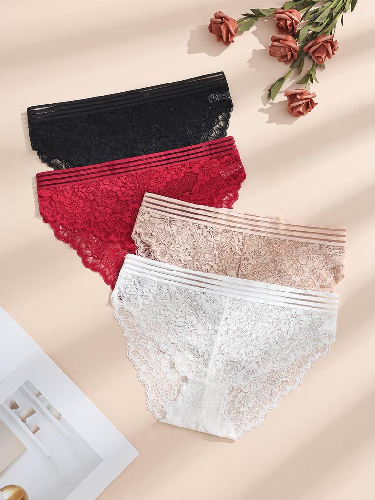 4Pcs/Set Sexy Lace Women's Panties Perspective Underwear Low Waist Panty Solid Underpants Floral Intimates Female Lingerie M-XL