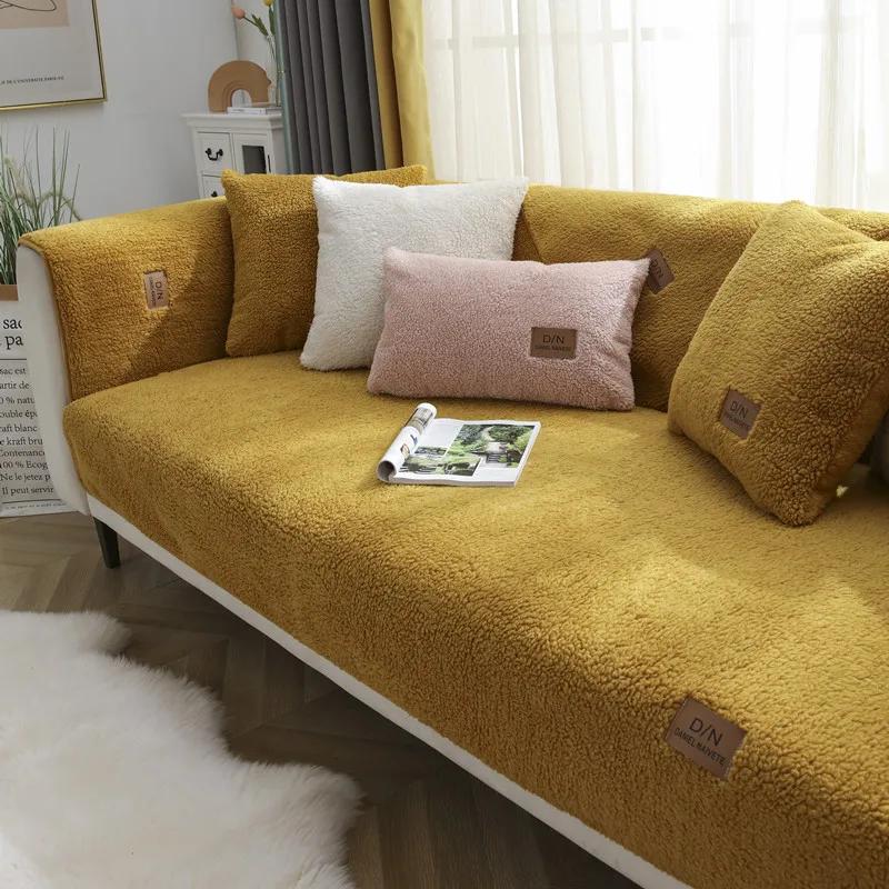 Thickened Lamb Velvet Sofa Cover Winter Warm Living Room Sofa Backrest Embroidered Leather Label Non-Slip Dust Decor Couch Cover