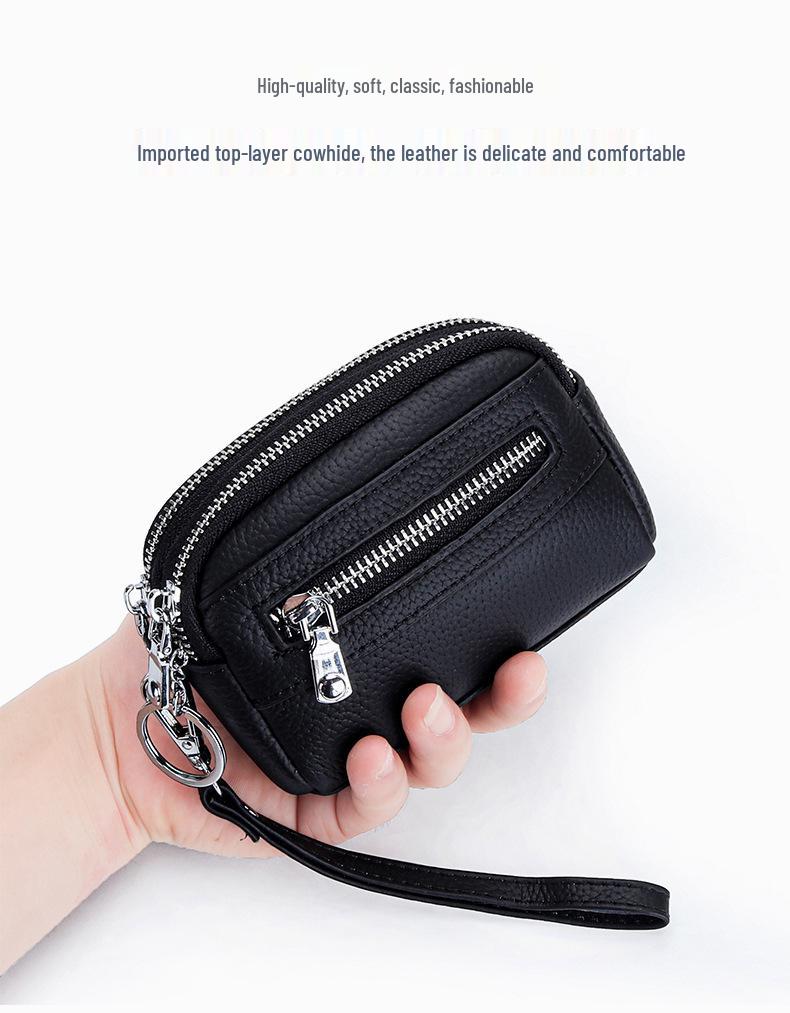 Women's Mini Clutch: Double Zipper Genuine Leather Coin Purse with Large Capacity - First Layer Cowhide