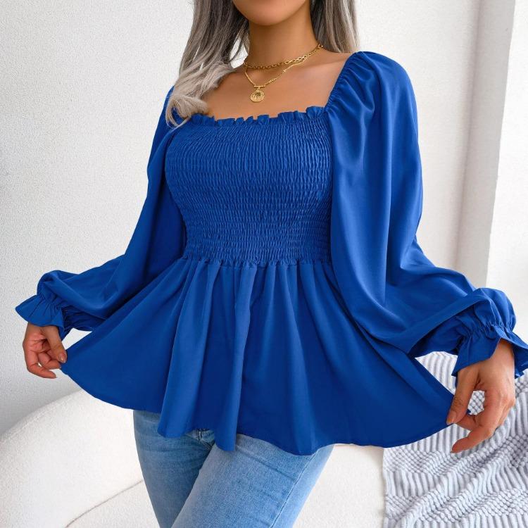 Summer Women Chiffon Shirt Long Sleeve Square Neck Solid Color Tops with Wooden Ears
