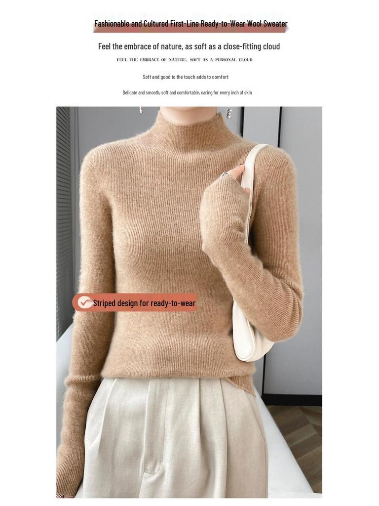 Women’s 2025 Autumn/Winter Pure Wool Sweater, Half-High Neck, Ribbed, Slim-Fit, Figure-Flattering with Cashmere Inner Layer