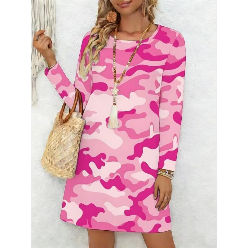 Ladies' Long Sleeved Round Neck Casual Mini Dress, 3D Retro Camouflage Printed Casual Vacation Dress