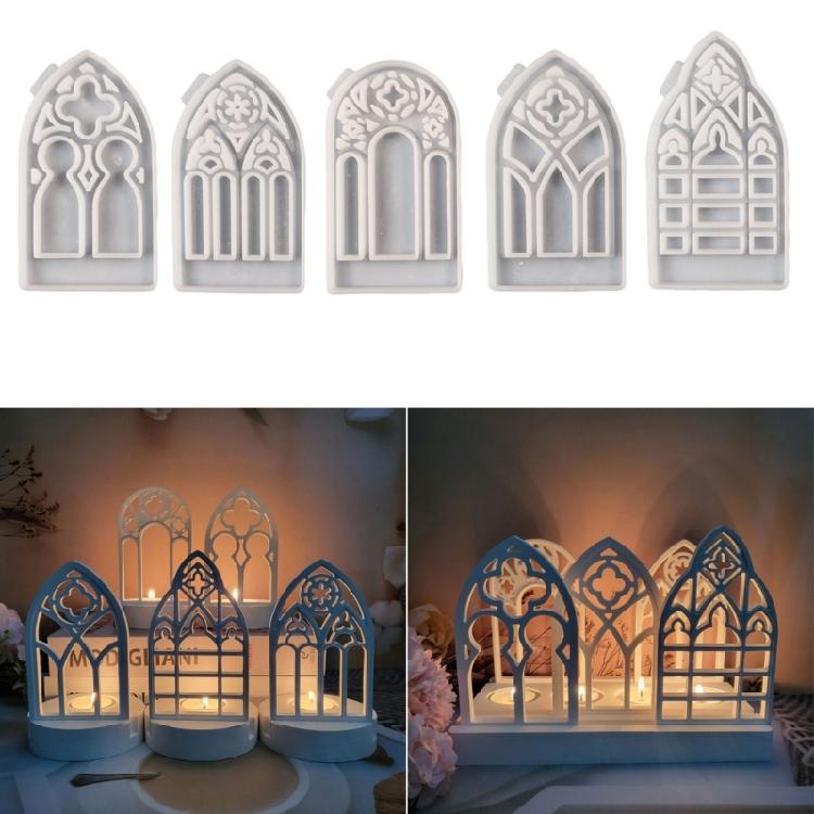 5pcs Candlesticks Silicone Molds Gothic House Candle Holder Castings Molds