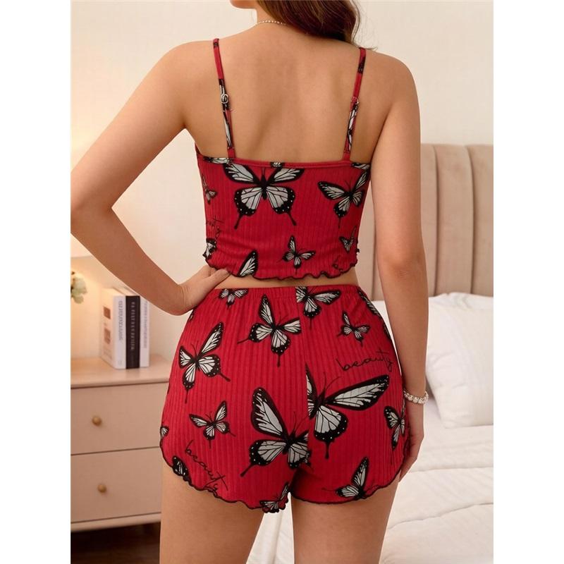 Women's Butterfly Print 2-Piece Loungewear Cami Top & Shorts Pajama Set Soft Milk Silk Sleepwear