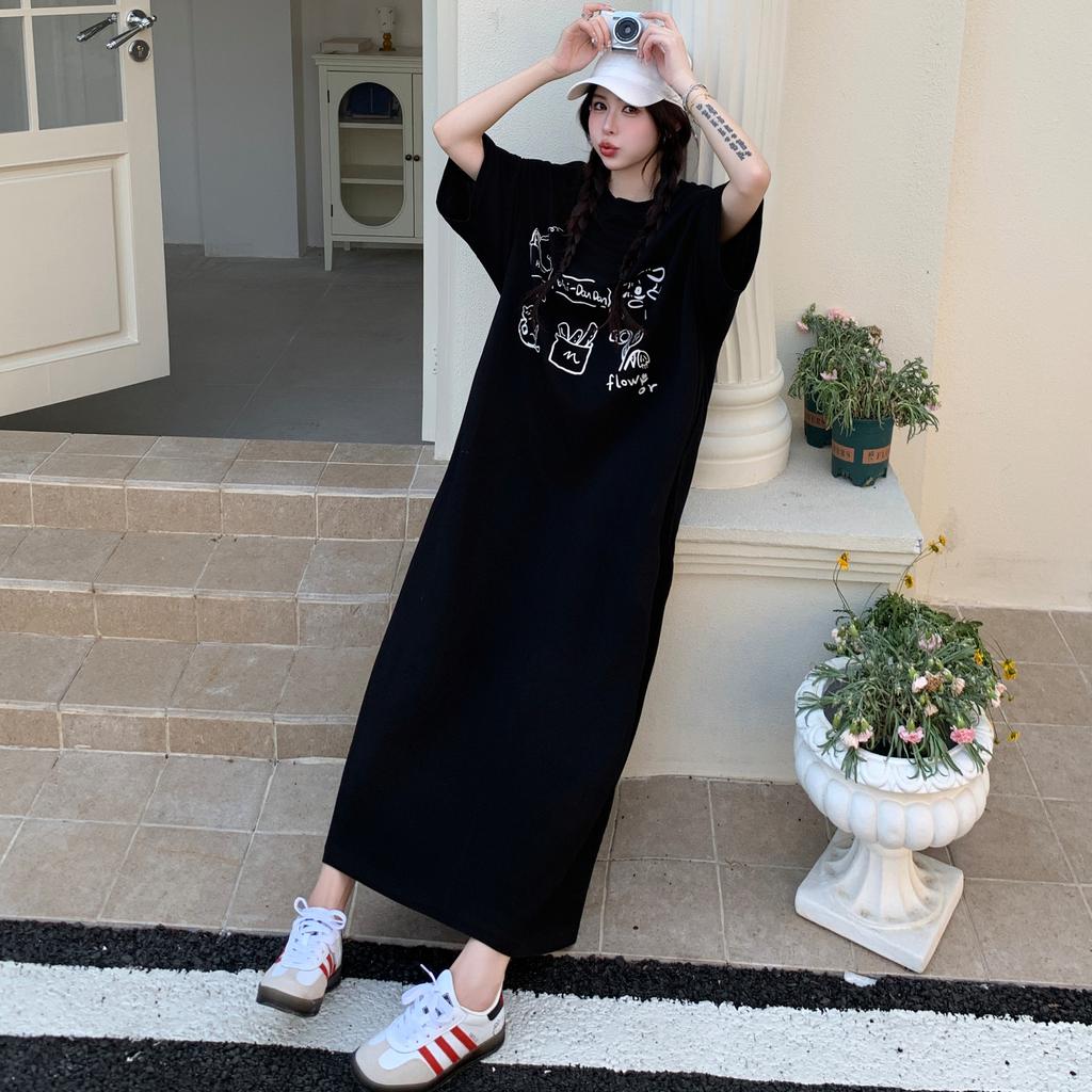 DIMANAF 2025 Plus Size Dress Women Summer Vintage Dress Basic Printing Long Loose Casual Black Dress Elegant