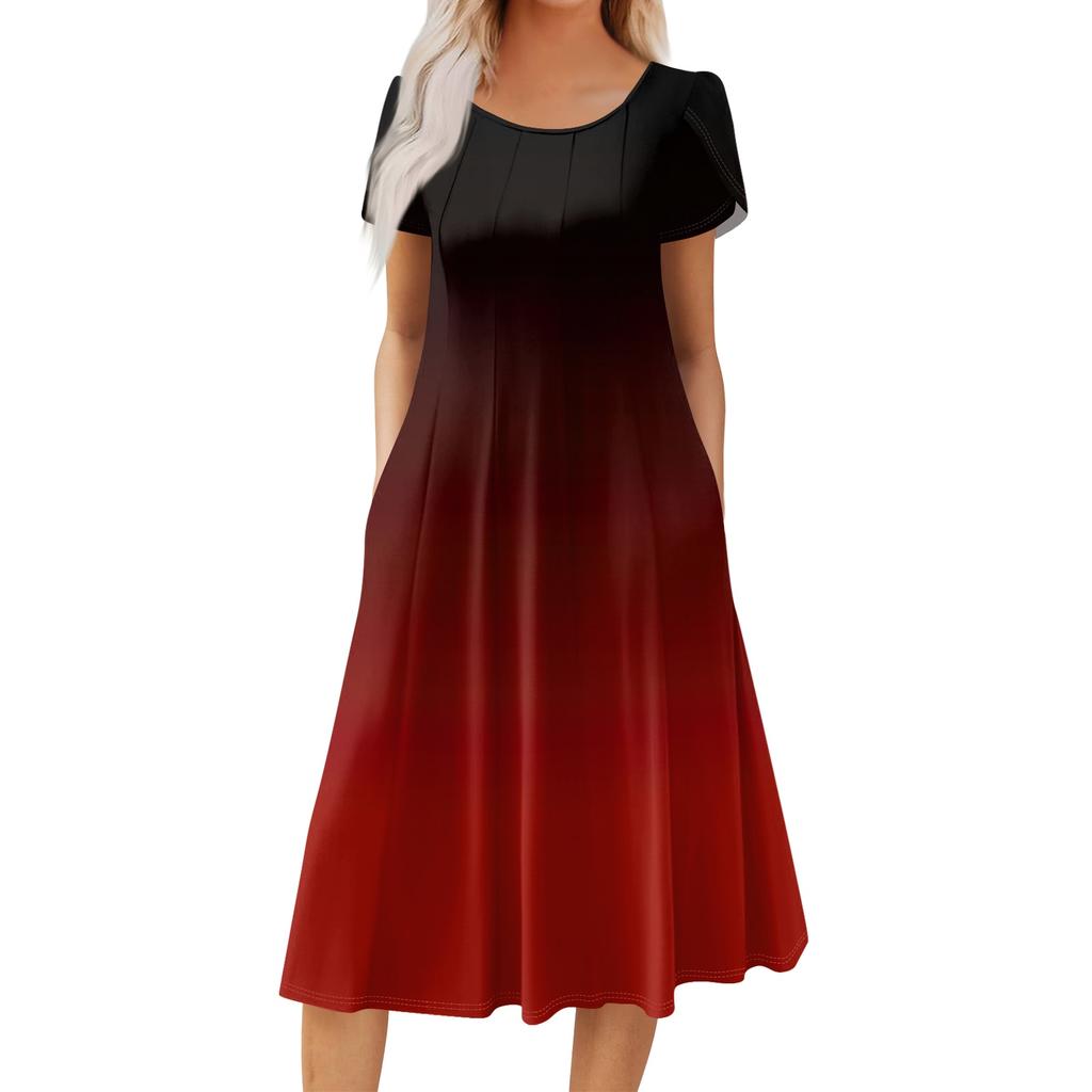 Women's Casual Fashion Round Neck Printed Short Sleeve Pocket Dress