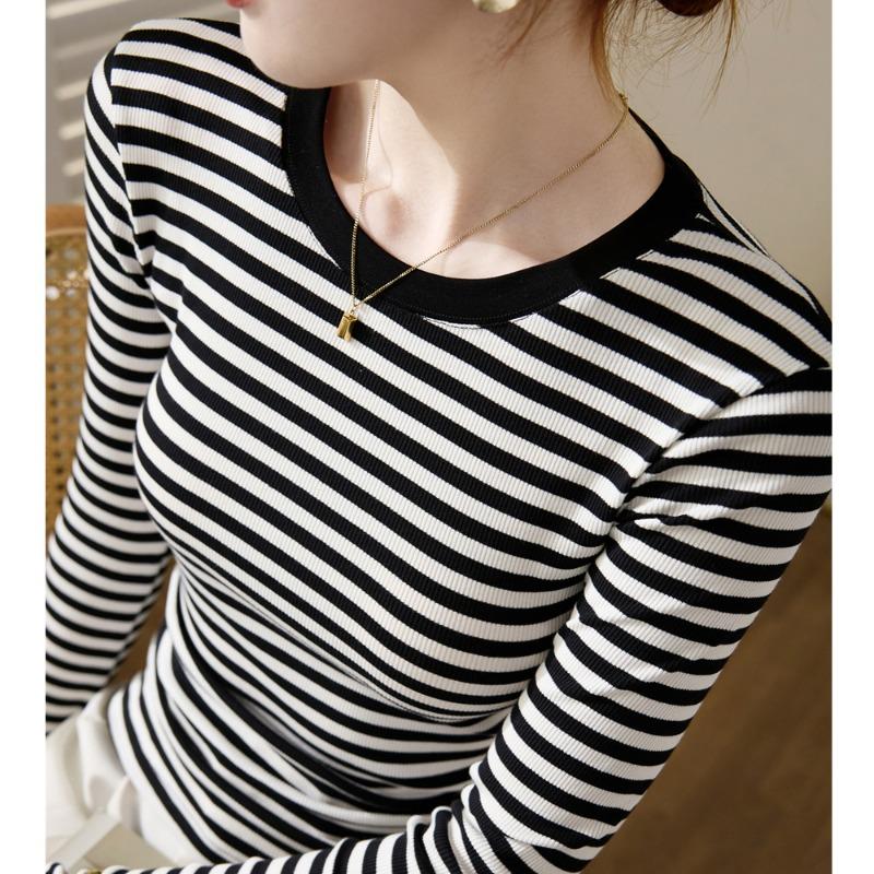 Women Black White Striped Cotton Fitted Long Sleeve Crew Neck Casual Base T Shirt Top