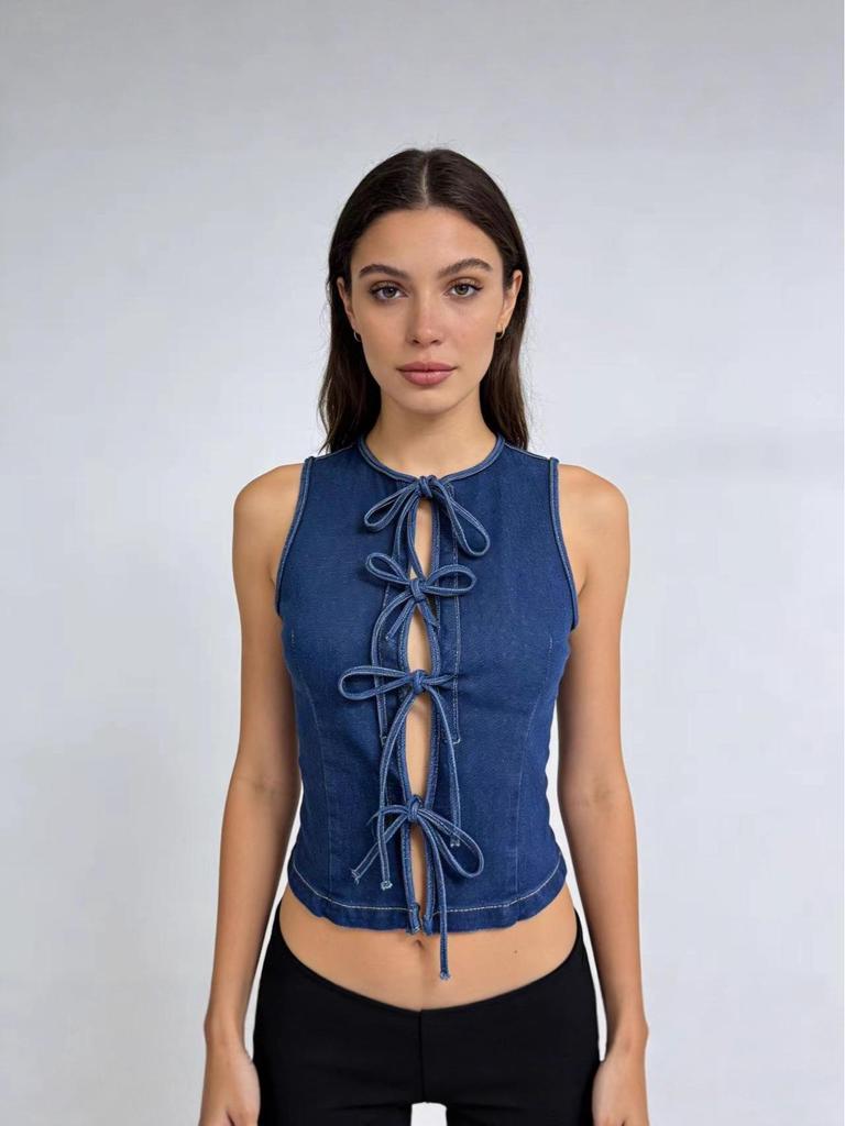 Women's Tie-Dye Lace-Up Sleeveless Denim Vest