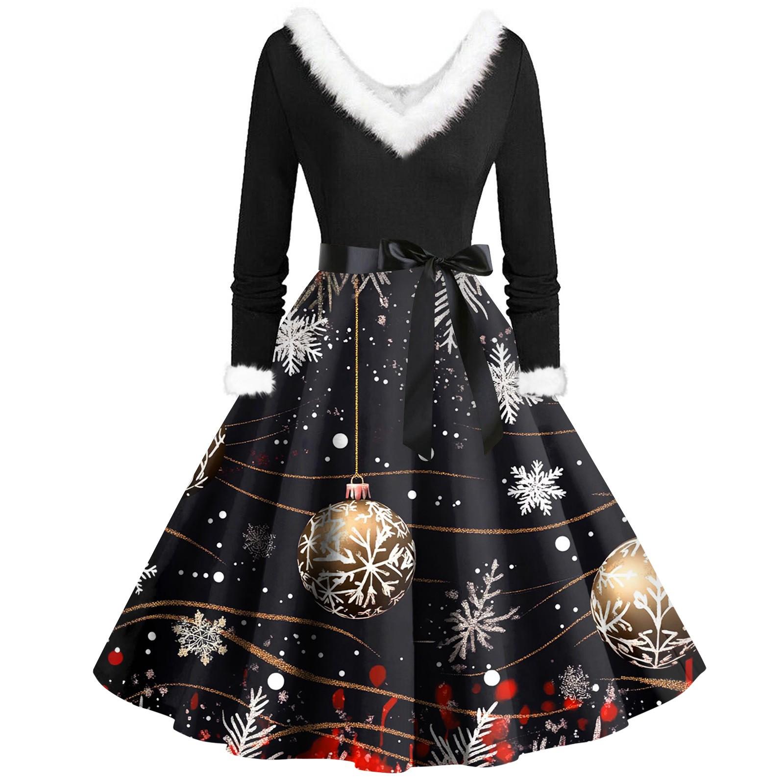 

Женские повседневные модные плюшевые платья с V-образным вырезом и рождественским принтом XXXL чёрный