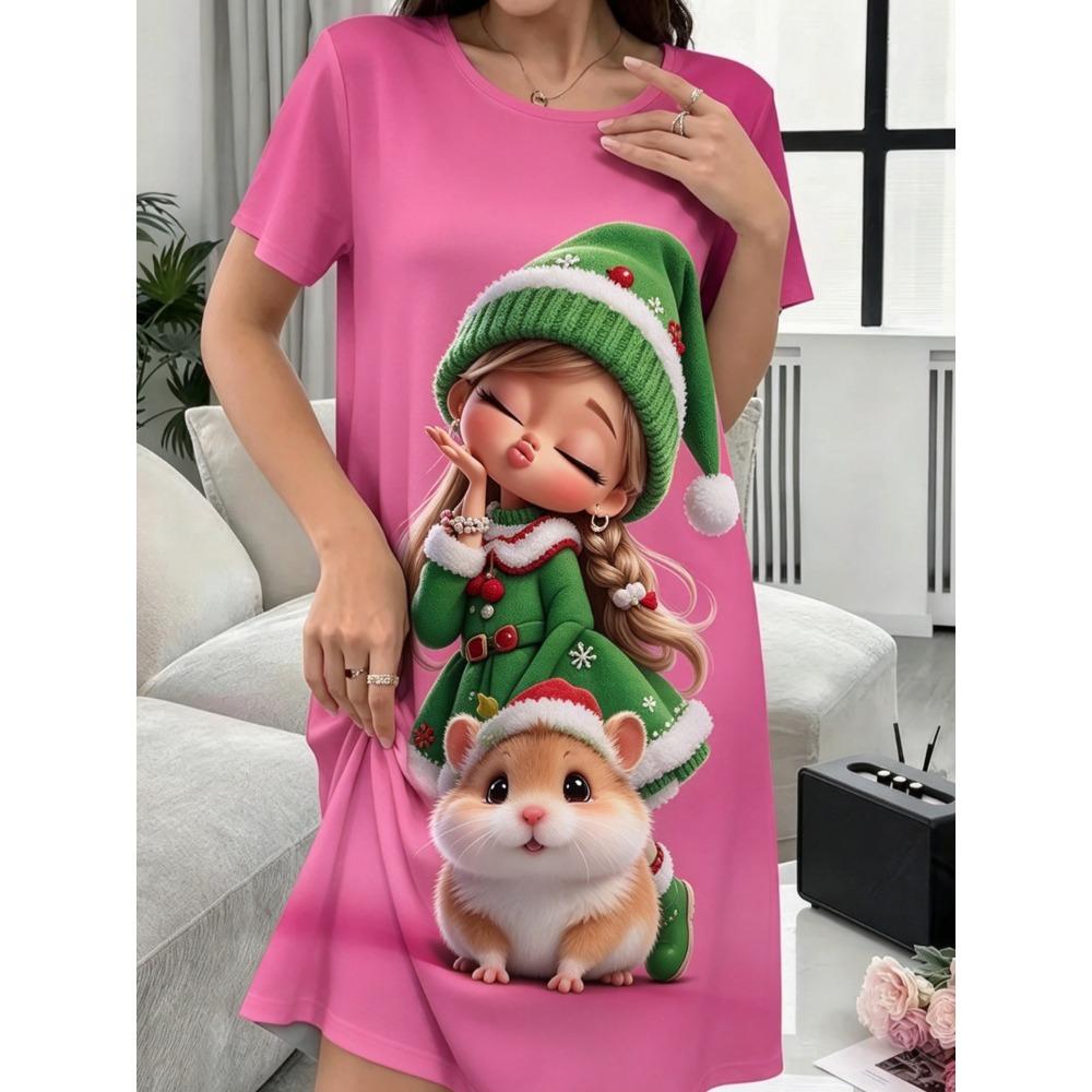 Fashion Comfortable Versatile Breathable Dress Cute Cartoon Printed New Year Dress Women Short Sleeve O-Neck Loose Casual Dress