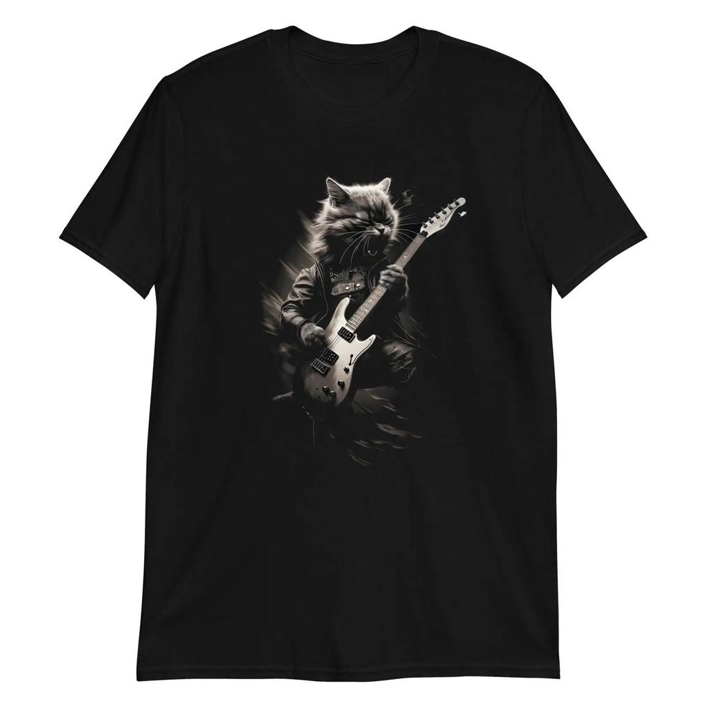 Guitar Cat Hero Jamming Electric T Shirt Vintage Versatile Stylish Unisex Graphic Soft Top For Everyday Wear Comfortable