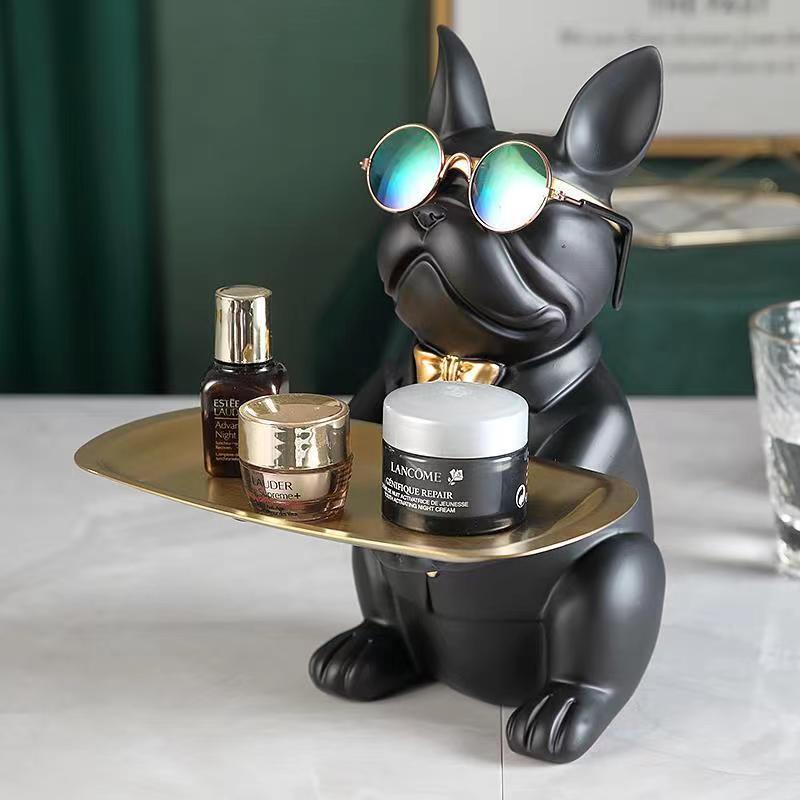 Nordic French Bulldog Sculpture Dog Figurine Statue Key Jewelry Storage Table Decoration Gift With Plate Glasses Ornaments
