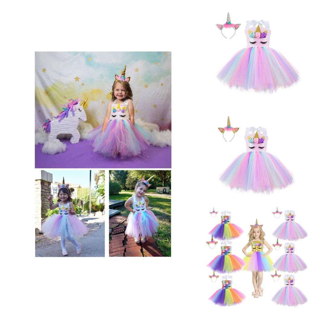 Unicorn Cosplay Girls Dress With Rainbow Pattern For Halloween Party