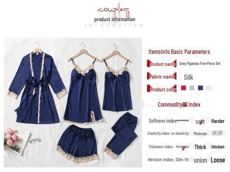 Women's Summer Silk Pajama Set: 5-Piece Long Sleeve, Lace Trim Camisole, Shorts & Pants