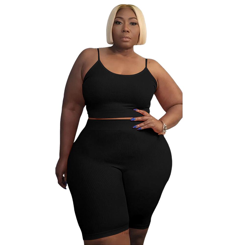 Plus Size Women's Two-Piece Set: High Elastic U-Neck Sleeveless Top & Casual Shorts