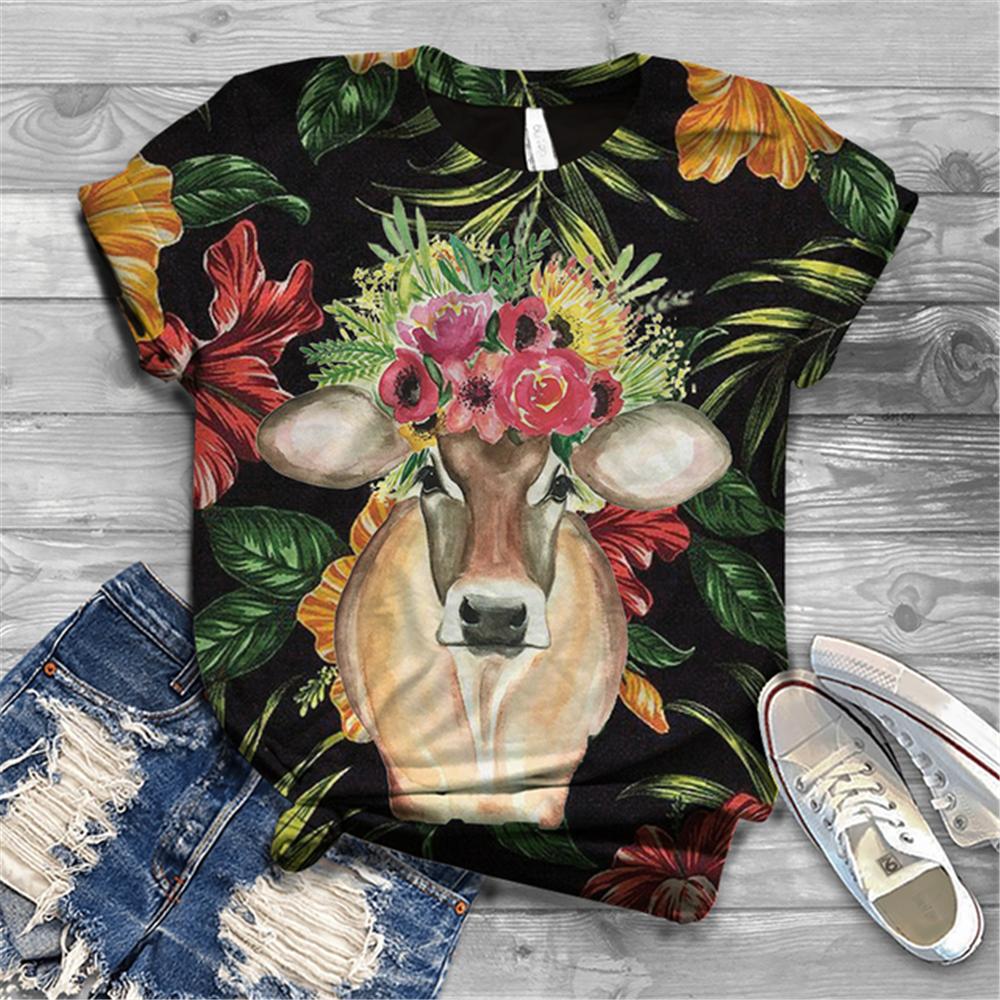 Women's T-shirt Short Sleeve Summer Everyday Animation Horse Digital 3D Print Sexy Diagonal Collar Top Loose Female Pullover