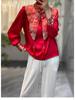 Chinese New Year 2024 Red Silk Dragon Shirt with Trumpet Sleeves