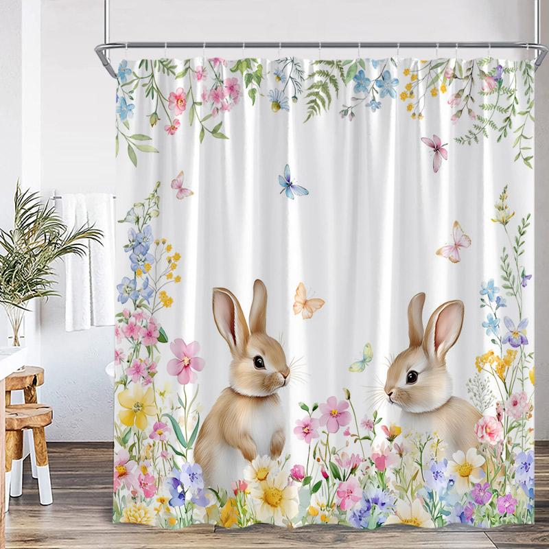 Easter Shower Curtains Watercolour Floral Leaves Butterfly Cute Rabbit Bath Curtain Fabric Home Bathroom Decoration With Hooks