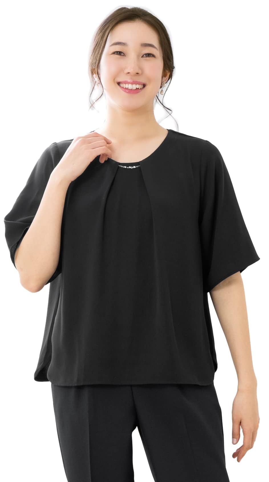 

georgette short large size [Add Rouge] Blouse, suit, innerwear, cut-and-sew, women s, fabric, top, sleeves, [n8111] чёрный