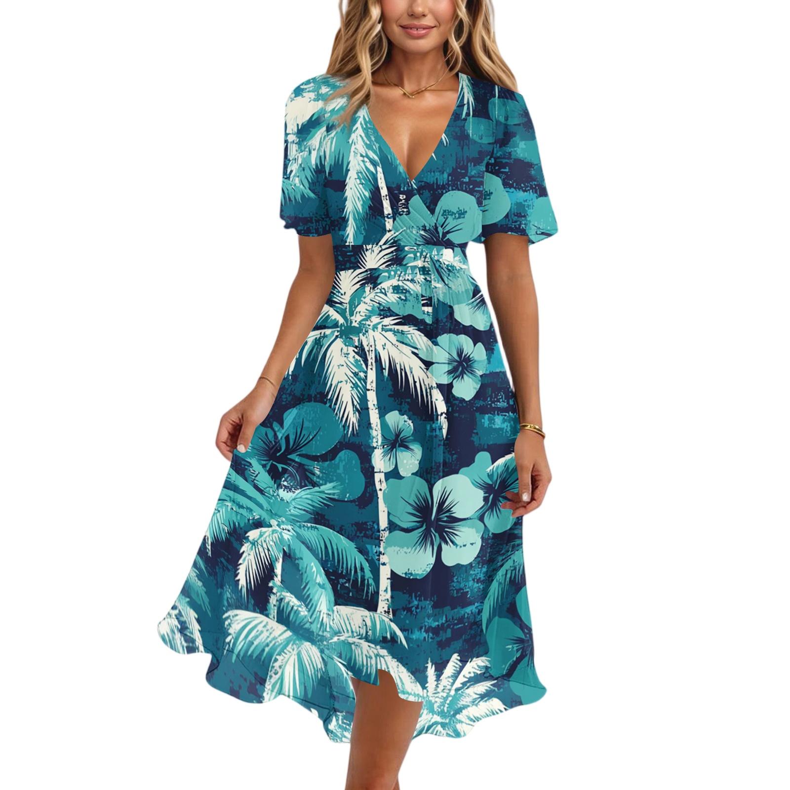 

Women s Casual V Neck Short Sleeve Vintage Floral Print Dress Knee Length Lightweight Summer Dress with Flared Skirt and Relaxed Fit XXL фиолетовый
