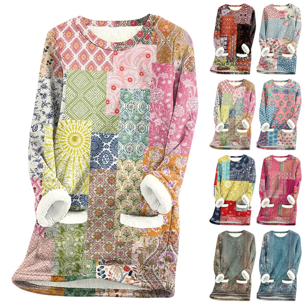 Dame Rundhals Topp Trykk Fortykket Plysj Kasjmir Varm Lang Topp