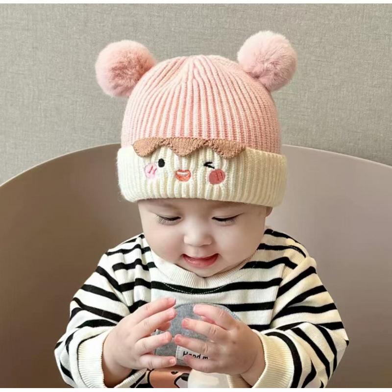 Baby hat autumn and winter cute hairball pullover hat infant knitted wool hat thickened ear protection trend