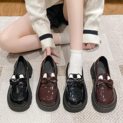 French Bow Small Leather Shoes Women's Retro Japanese Round Head British Style Platform Loafers 2025 Autumn New
