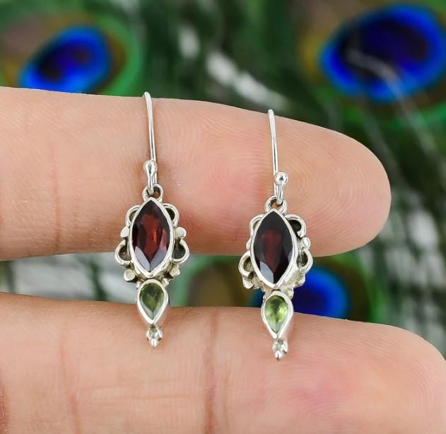 Natural Garnet & Peridot Earrings ,925 Sterling Silver Earrings , Handmade Silver Earrings ,Two Gemstone ,Teardrop Dangle Silver Earring