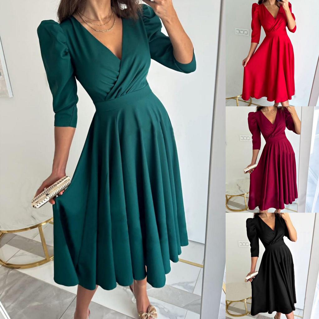Lato 2025 Sukienka Swing z Krótkim Rękawem Bufiastym i Dekoltem V w Jednolitym Kolorze, Wiązana w Pasie, do Dojazdów do Pracy