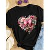 Womens Heart Floral Bouquet Print Tee Black White Grey Soft Stretchy Fabric Round Neck Short Sleeve Pink Bow Sparkling Hearts Design Comfortable Fit