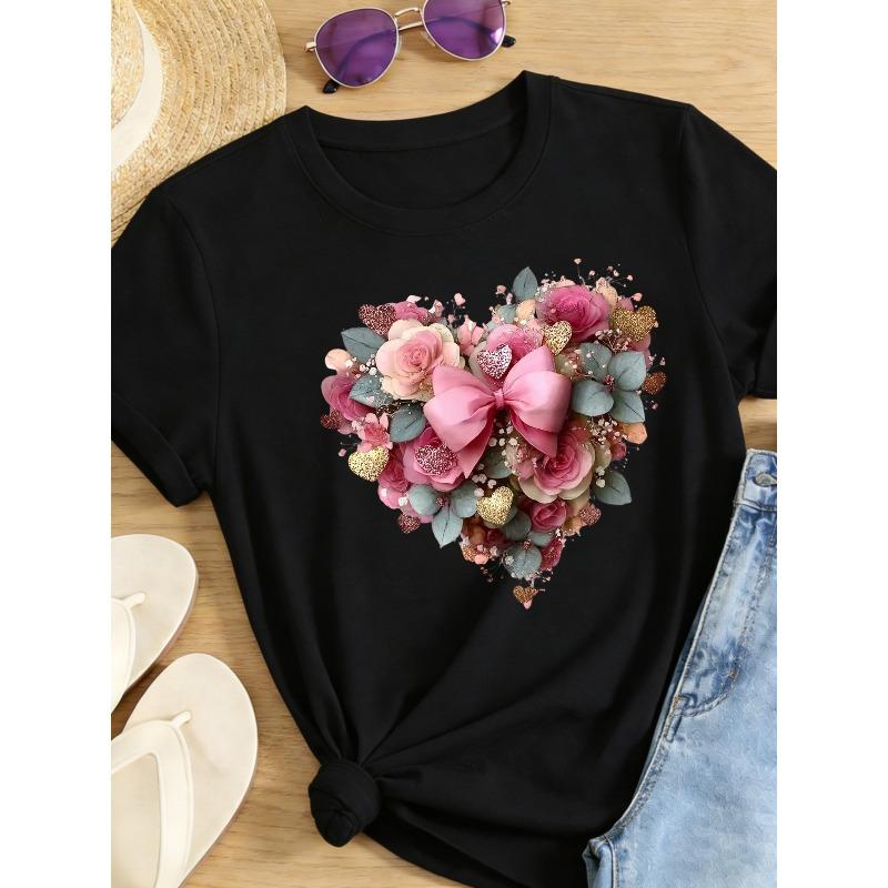Womens Heart Floral Bouquet Print Tee Black White Grey Soft Stretchy Fabric Round Neck Short Sleeve Pink Bow Sparkling Hearts Design Comfortable Fit