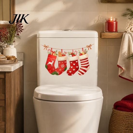 Christmas Bathroom Toilet Stickers Stocking Stickers, Waterproof PVC Decals for Holiday Home Easy Peel And Stick Decoration, Red Watercolor