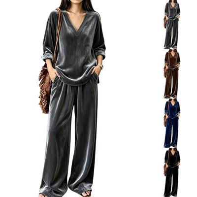 Women's Long Sleeve V-Neck Top and Wide Leg Pants Two-Piece Set for Work Commute