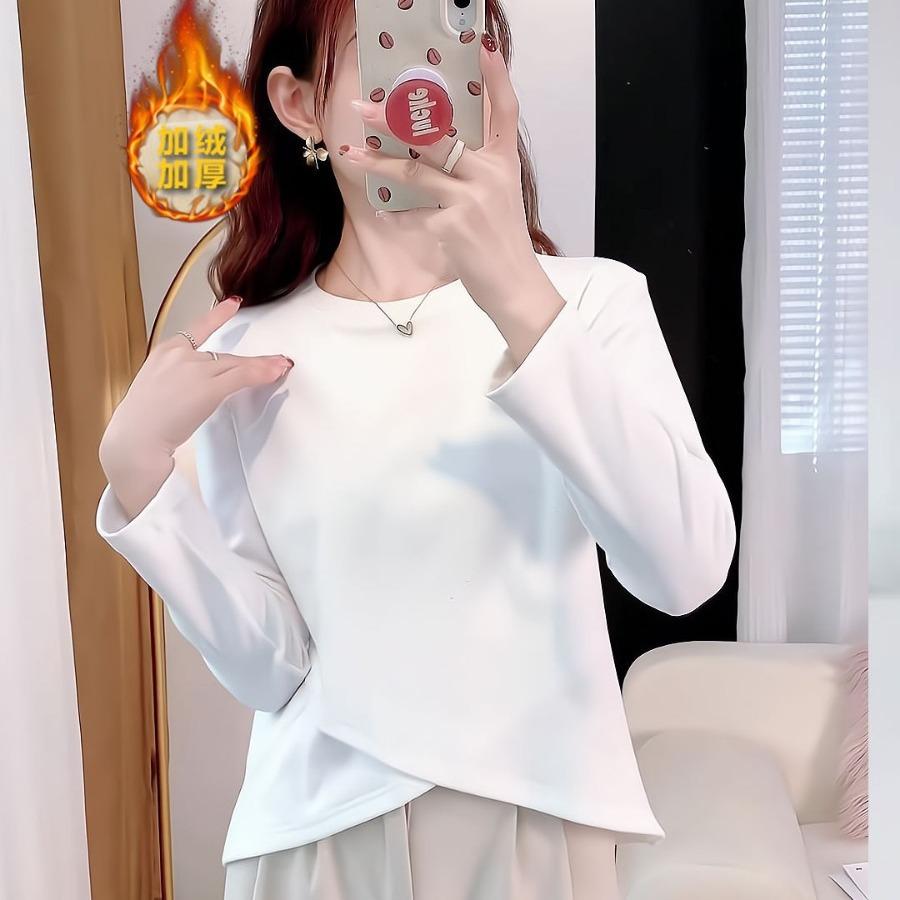 Women's Long Sleeve T-Shirt Round Neck Commuter Style Warm Fleece Lined Basic Top Loose Fit Solid Color Undershirt