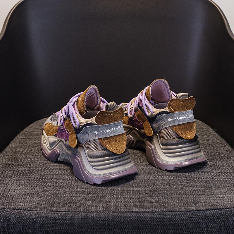 Suction Film Bottom Leather Thick Bottom Dirty Dad Shoes Spring and Autumn New Color Matching Mesh Sports Leisure