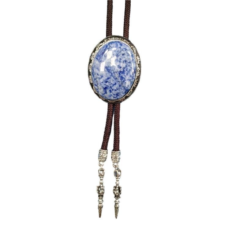 Vintage Oval Shape Stone Pendant Bolo Tie Western Braided Rope Adjustable Necktie Jewelry Shirt Collar Chain Necklace