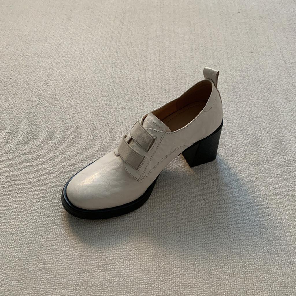 Cowhide Version~ High Heel Loafers Round Head Retro British Velcro Thick Heel Small Leather Shoes Femininity Deep Mouth Single Shoes