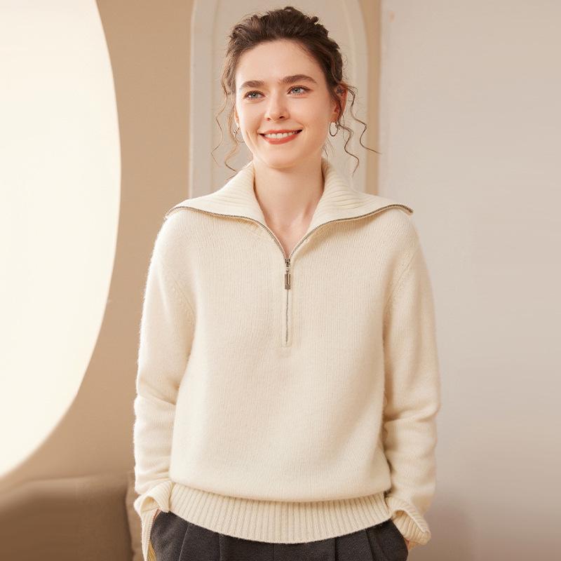 2024 Autumn/Winter Women's Cashmere Knit Lapel Half-Zip Outerwear, Long Sleeve, Loose Fit, Warm & Slimming